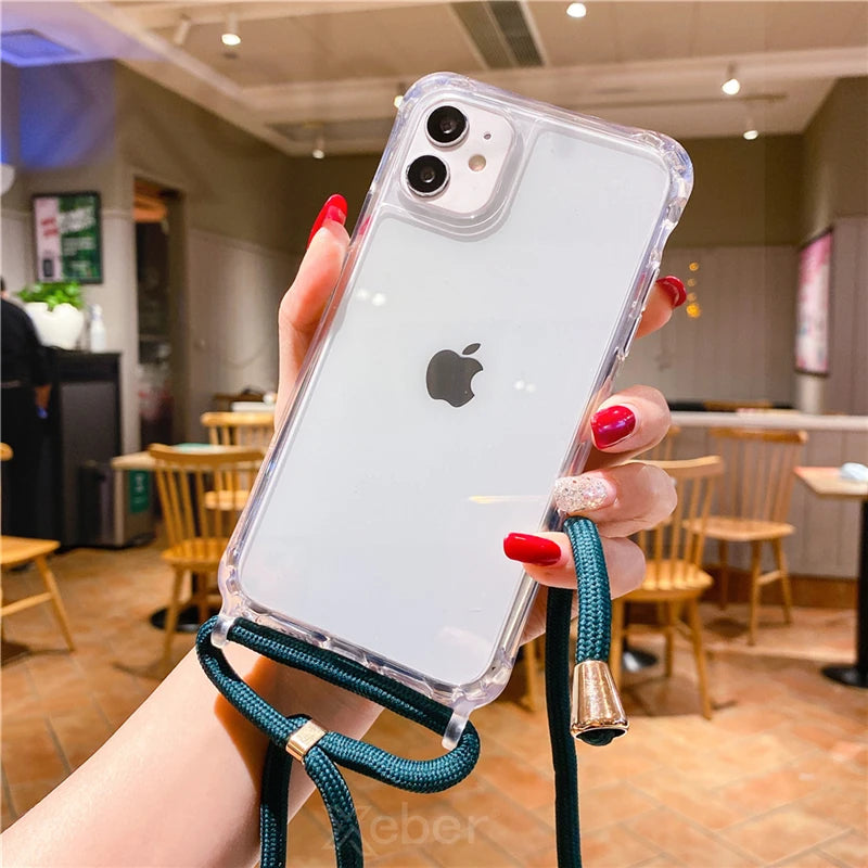 Lanyard Strap Crossbody Cord Rope Clear Case For iPhone 17 16 15 14 13 Pro Max 12 11 XR Mini 7 8 Plus Shockproof Acrylic Cover