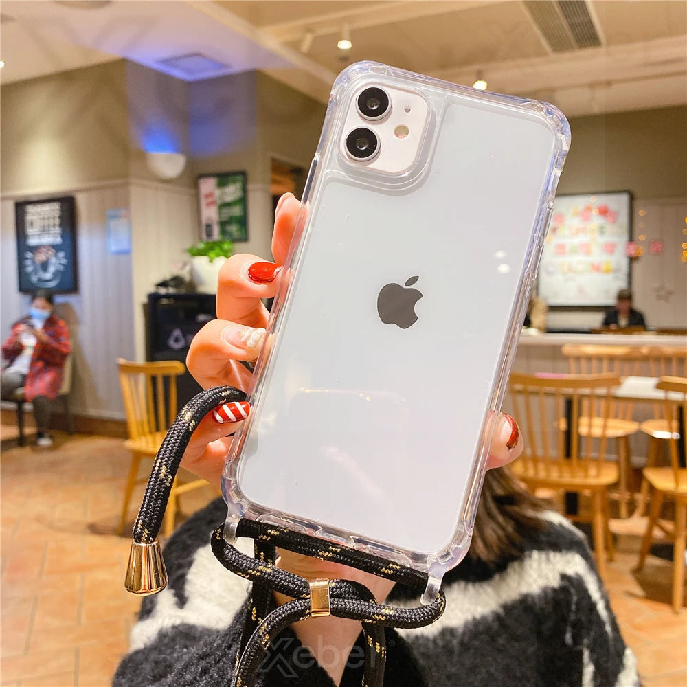 Lanyard Strap Crossbody Cord Rope Clear Case For iPhone 17 16 15 14 13 Pro Max 12 11 XR Mini 7 8 Plus Shockproof Acrylic Cover