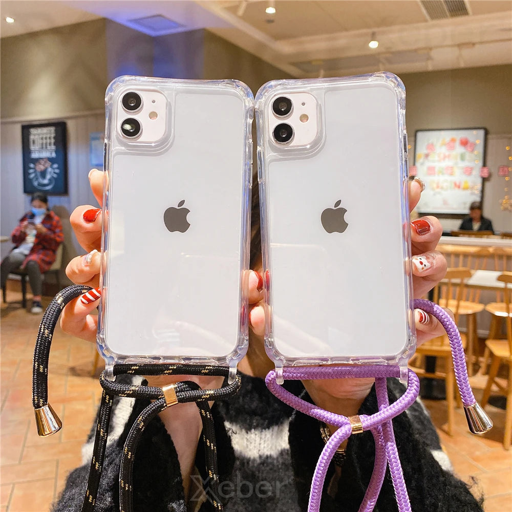 Lanyard Strap Crossbody Cord Rope Clear Case For iPhone 17 16 15 14 13 Pro Max 12 11 XR Mini 7 8 Plus Shockproof Acrylic Cover