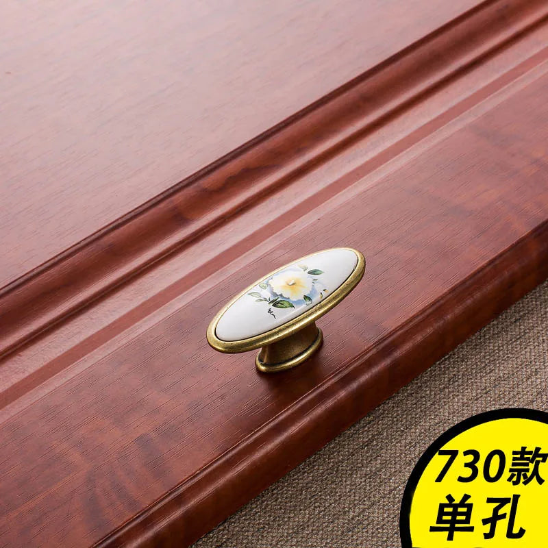 WV Green Flower Ceramic Handles Kitchen Cabinet Storage Dressers European Classic Wardrobe Cabinet Single Hole Closet Door Pulls