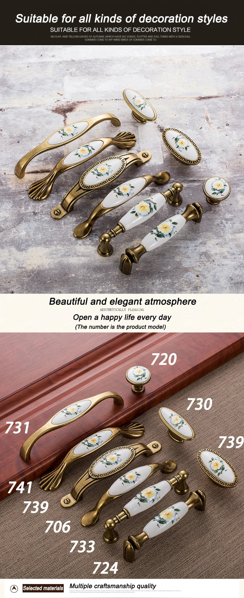 WV Green Flower Ceramic Handles Kitchen Cabinet Storage Dressers European Classic Wardrobe Cabinet Single Hole Closet Door Pulls