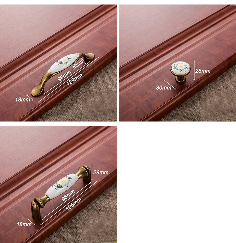 WV Green Flower Ceramic Handles Kitchen Cabinet Storage Dressers European Classic Wardrobe Cabinet Single Hole Closet Door Pulls