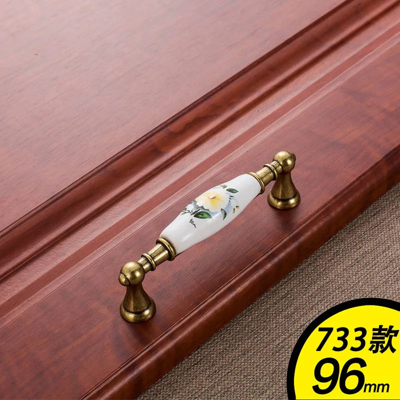 WV Green Flower Ceramic Handles Kitchen Cabinet Storage Dressers European Classic Wardrobe Cabinet Single Hole Closet Door Pulls