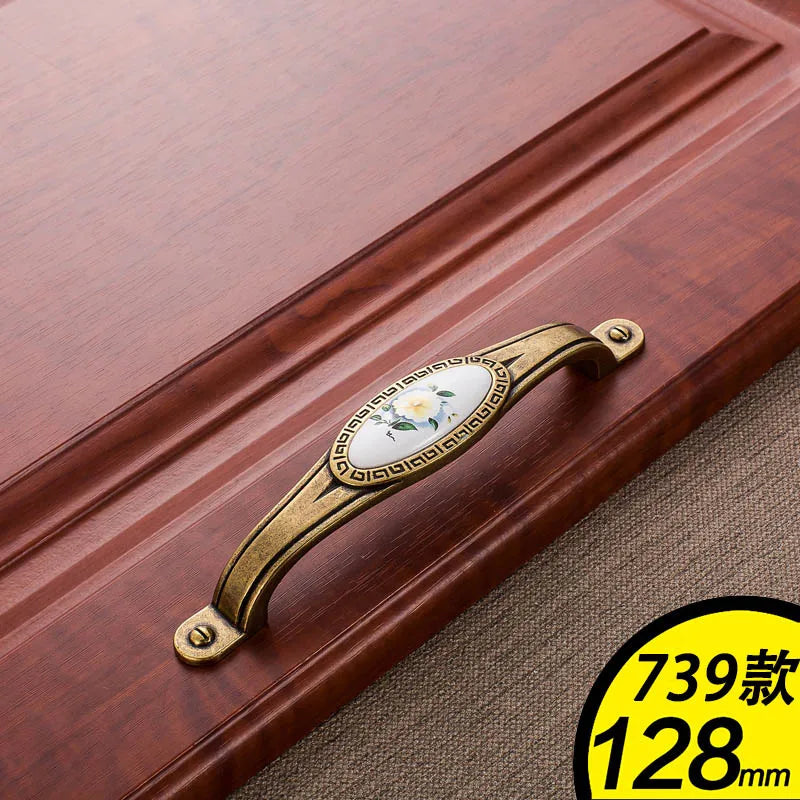 WV Green Flower Ceramic Handles Kitchen Cabinet Storage Dressers European Classic Wardrobe Cabinet Single Hole Closet Door Pulls