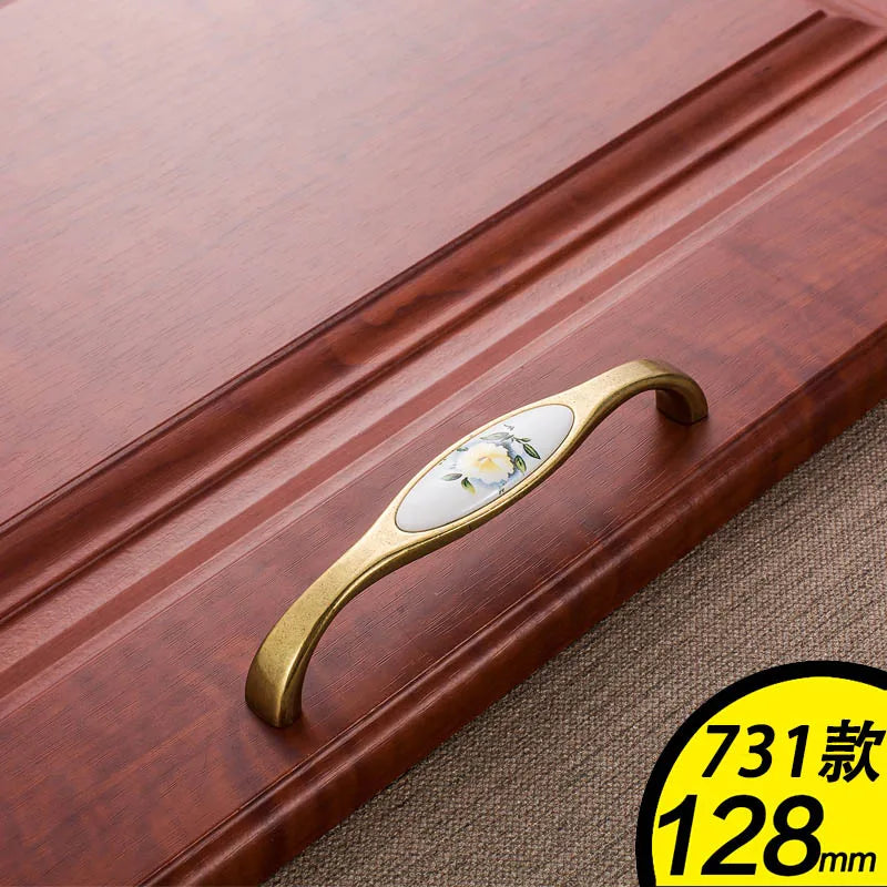 WV Green Flower Ceramic Handles Kitchen Cabinet Storage Dressers European Classic Wardrobe Cabinet Single Hole Closet Door Pulls