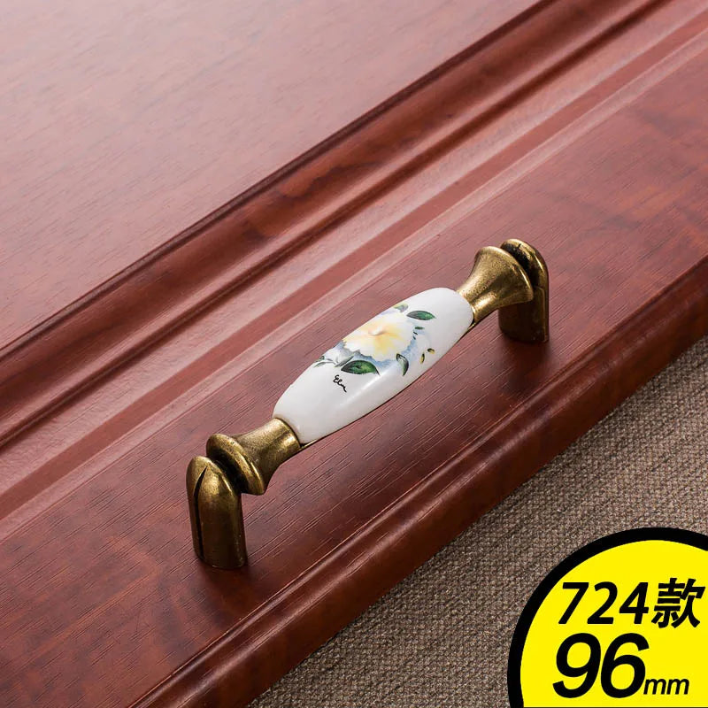 WV Green Flower Ceramic Handles Kitchen Cabinet Storage Dressers European Classic Wardrobe Cabinet Single Hole Closet Door Pulls