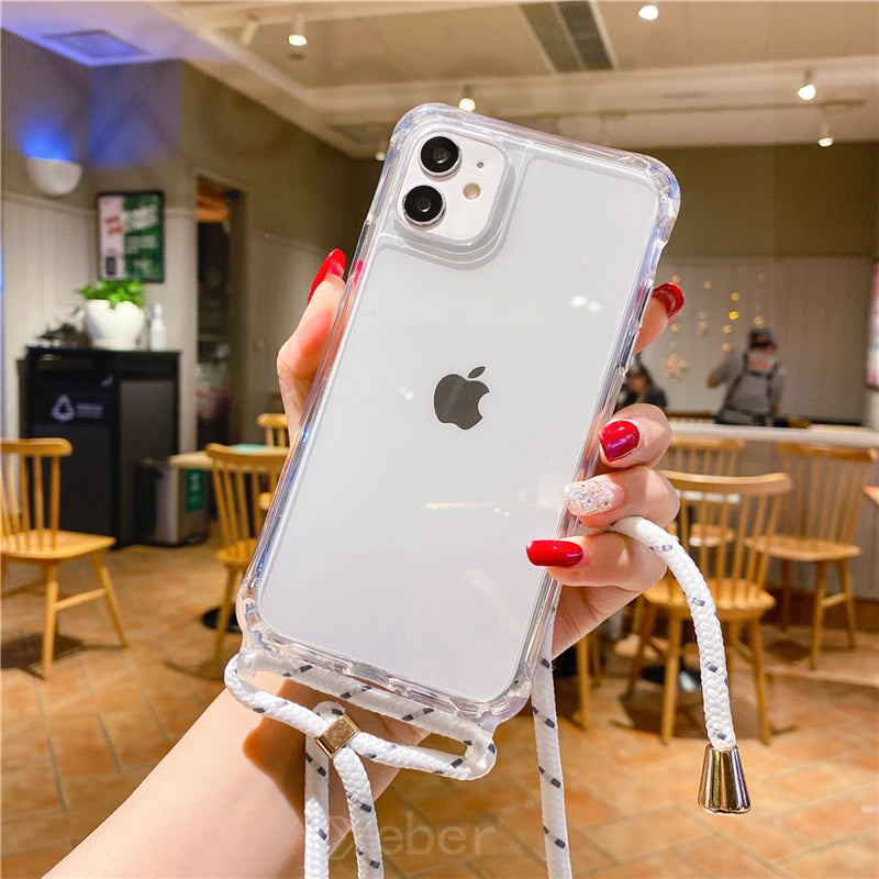 Lanyard Strap Crossbody Cord Rope Clear Case For iPhone 17 16 15 14 13 Pro Max 12 11 XR Mini 7 8 Plus Shockproof Acrylic Cover