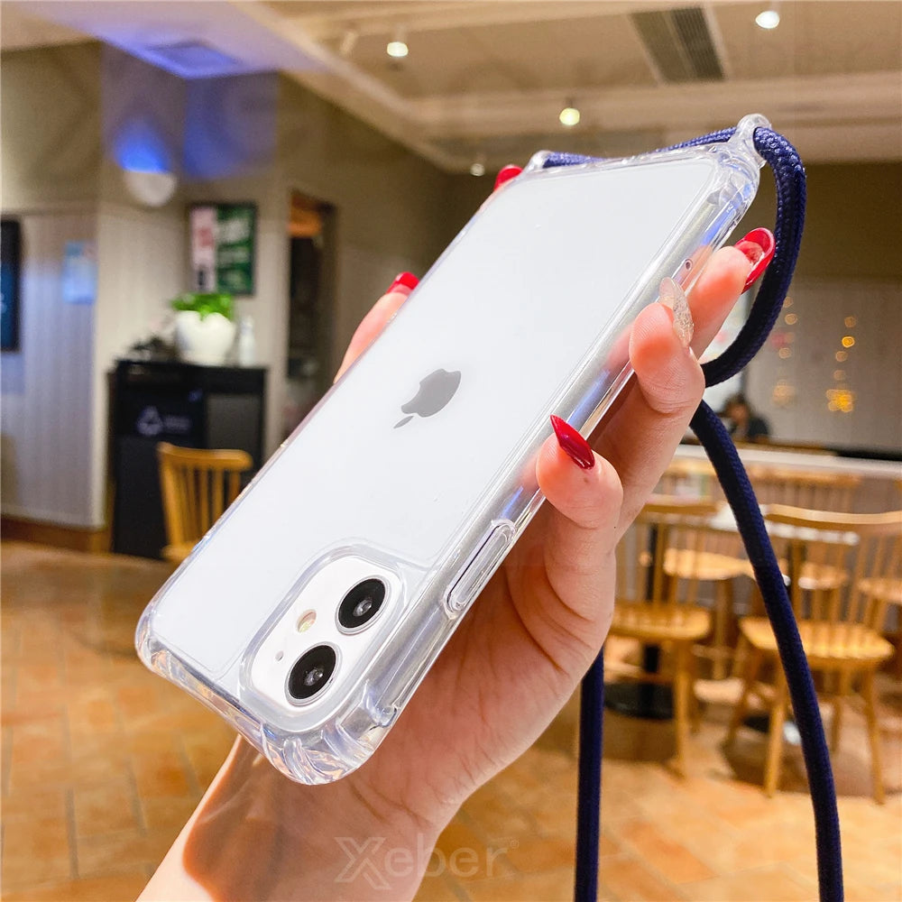 Lanyard Strap Crossbody Cord Rope Clear Case For iPhone 17 16 15 14 13 Pro Max 12 11 XR Mini 7 8 Plus Shockproof Acrylic Cover