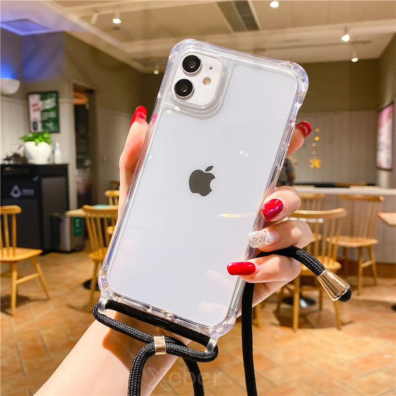 Lanyard Strap Crossbody Cord Rope Clear Case For iPhone 17 16 15 14 13 Pro Max 12 11 XR Mini 7 8 Plus Shockproof Acrylic Cover