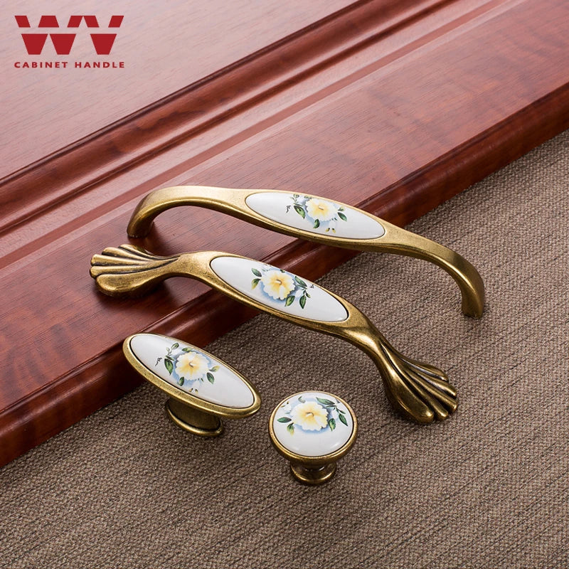 WV Green Flower Ceramic Handles Kitchen Cabinet Storage Dressers European Classic Wardrobe Cabinet Single Hole Closet Door Pulls