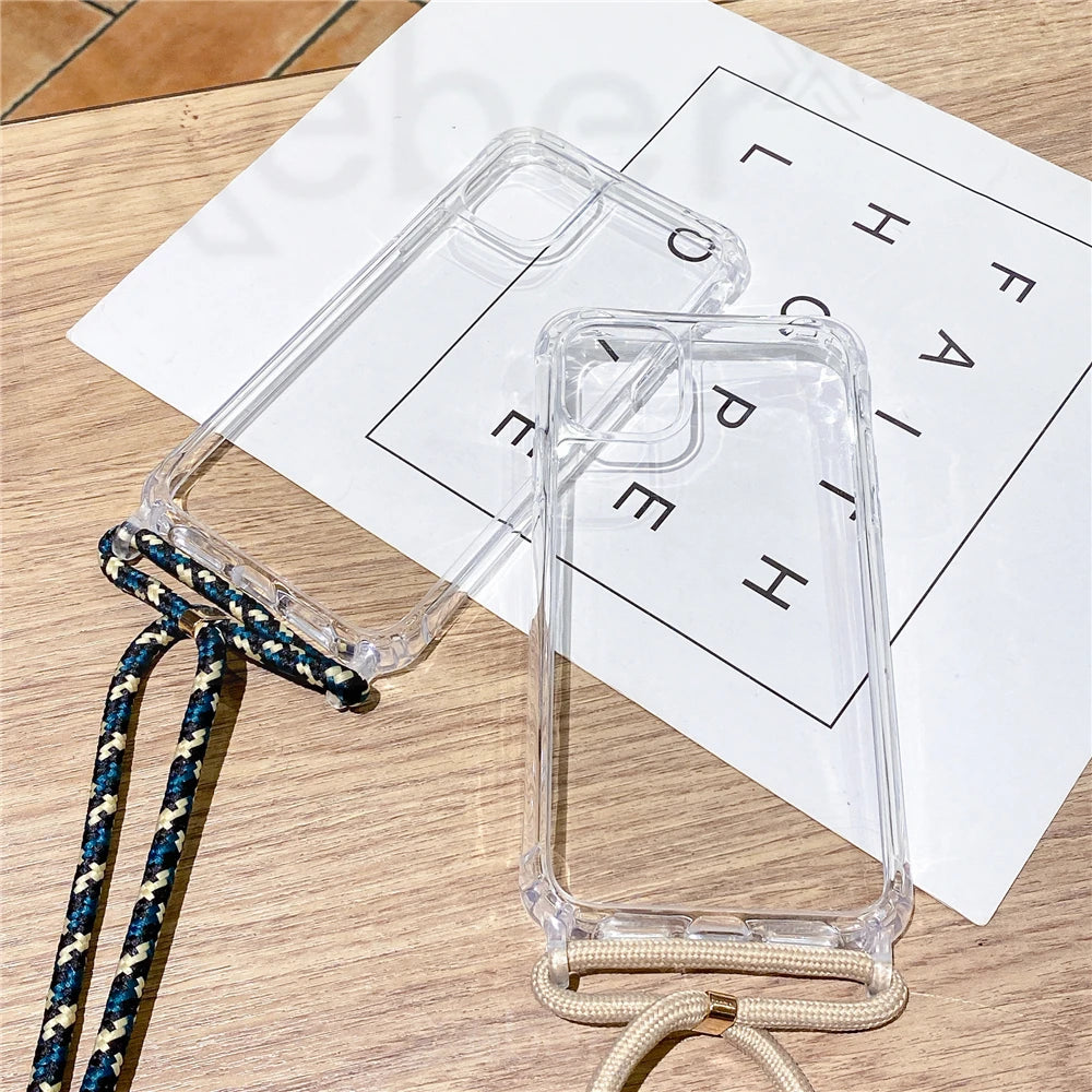 Lanyard Strap Crossbody Cord Rope Clear Case For iPhone 17 16 15 14 13 Pro Max 12 11 XR Mini 7 8 Plus Shockproof Acrylic Cover