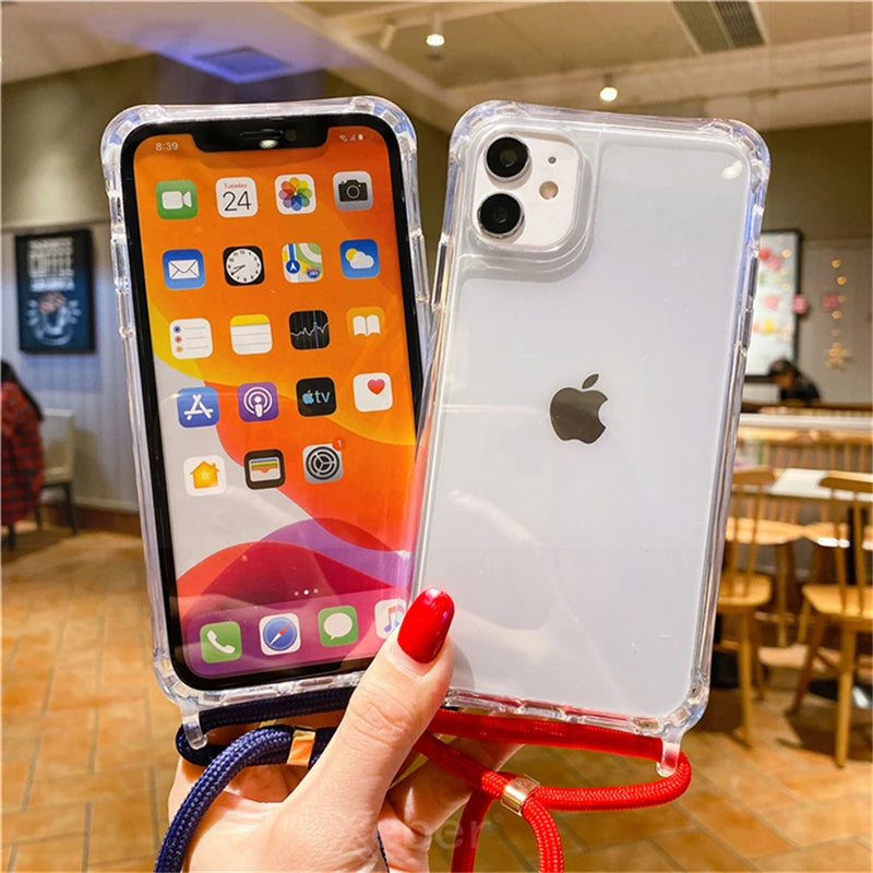 Lanyard Strap Crossbody Cord Rope Clear Case For iPhone 17 16 15 14 13 Pro Max 12 11 XR Mini 7 8 Plus Shockproof Acrylic Cover