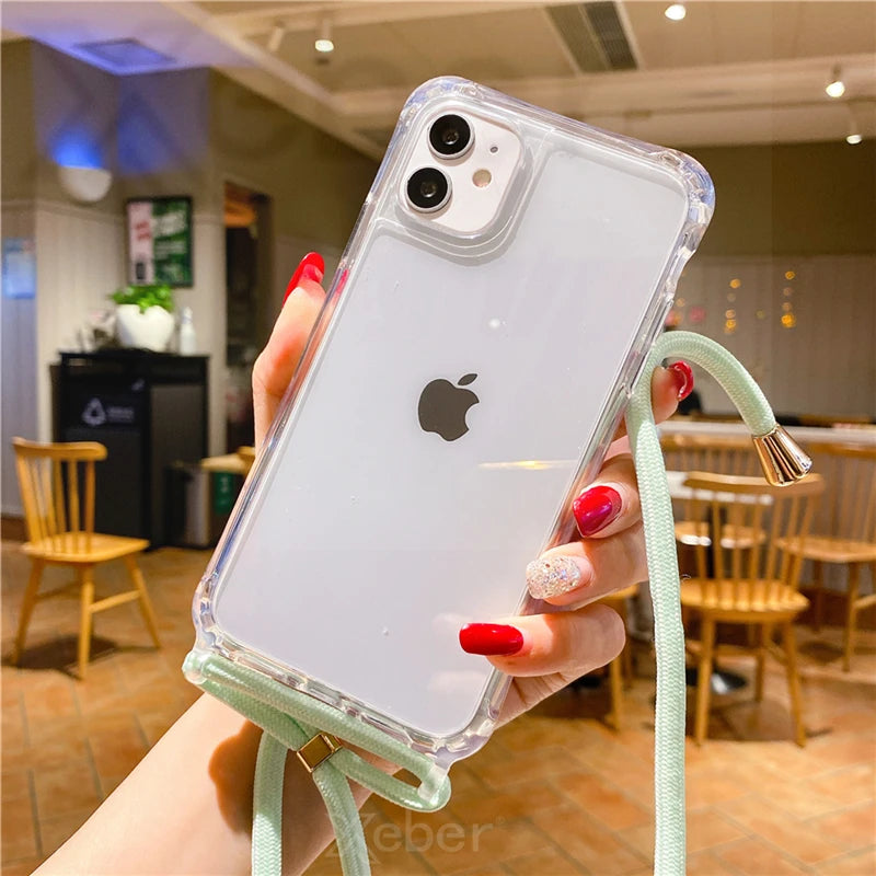 Lanyard Strap Crossbody Cord Rope Clear Case For iPhone 17 16 15 14 13 Pro Max 12 11 XR Mini 7 8 Plus Shockproof Acrylic Cover