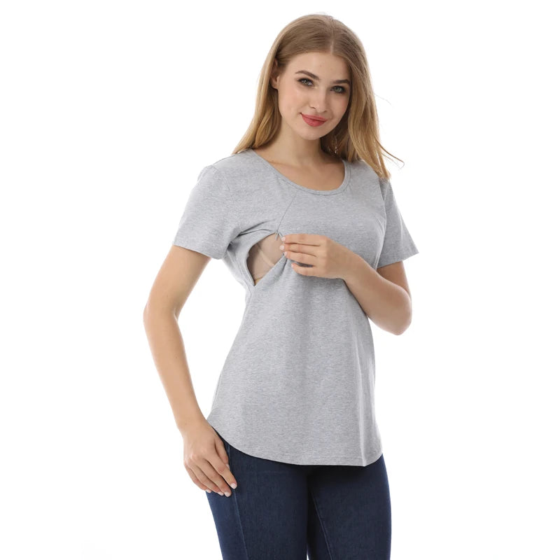 Emotion Moms New Women Maternel T-Shirt Short Sleeve Stretch Cotton Tops Zipper Breastfeeding Loose Pregnant Clothes Big Size