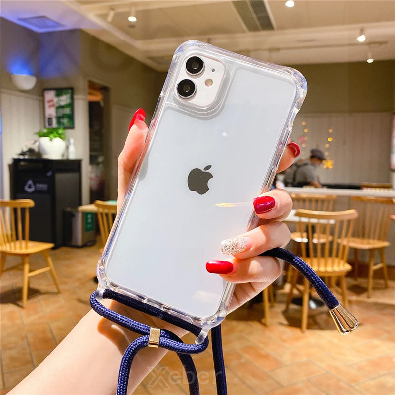 Lanyard Strap Crossbody Cord Rope Clear Case For iPhone 17 16 15 14 13 Pro Max 12 11 XR Mini 7 8 Plus Shockproof Acrylic Cover