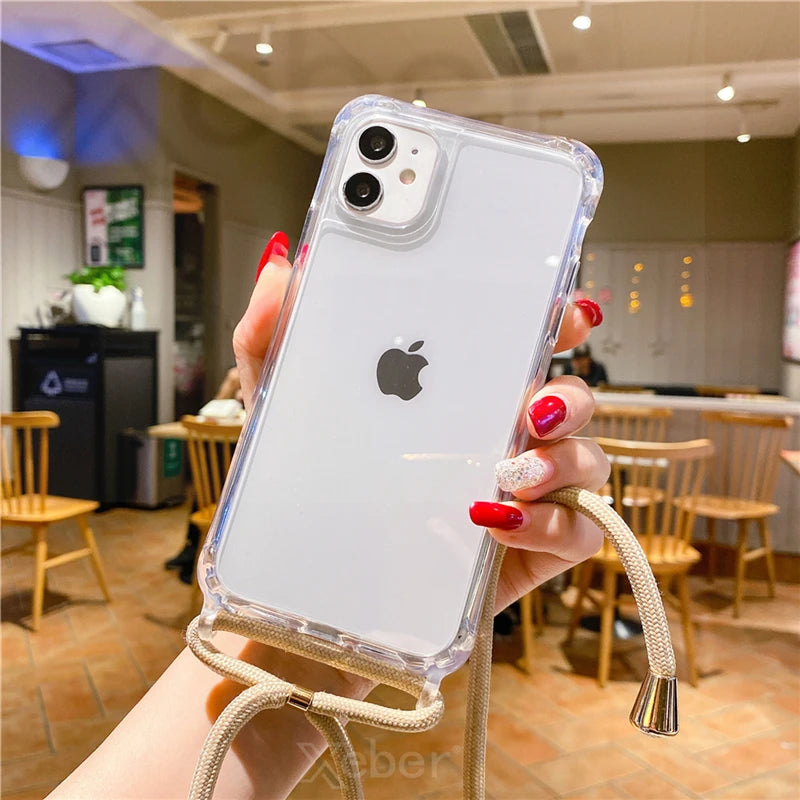 Lanyard Strap Crossbody Cord Rope Clear Case For iPhone 17 16 15 14 13 Pro Max 12 11 XR Mini 7 8 Plus Shockproof Acrylic Cover