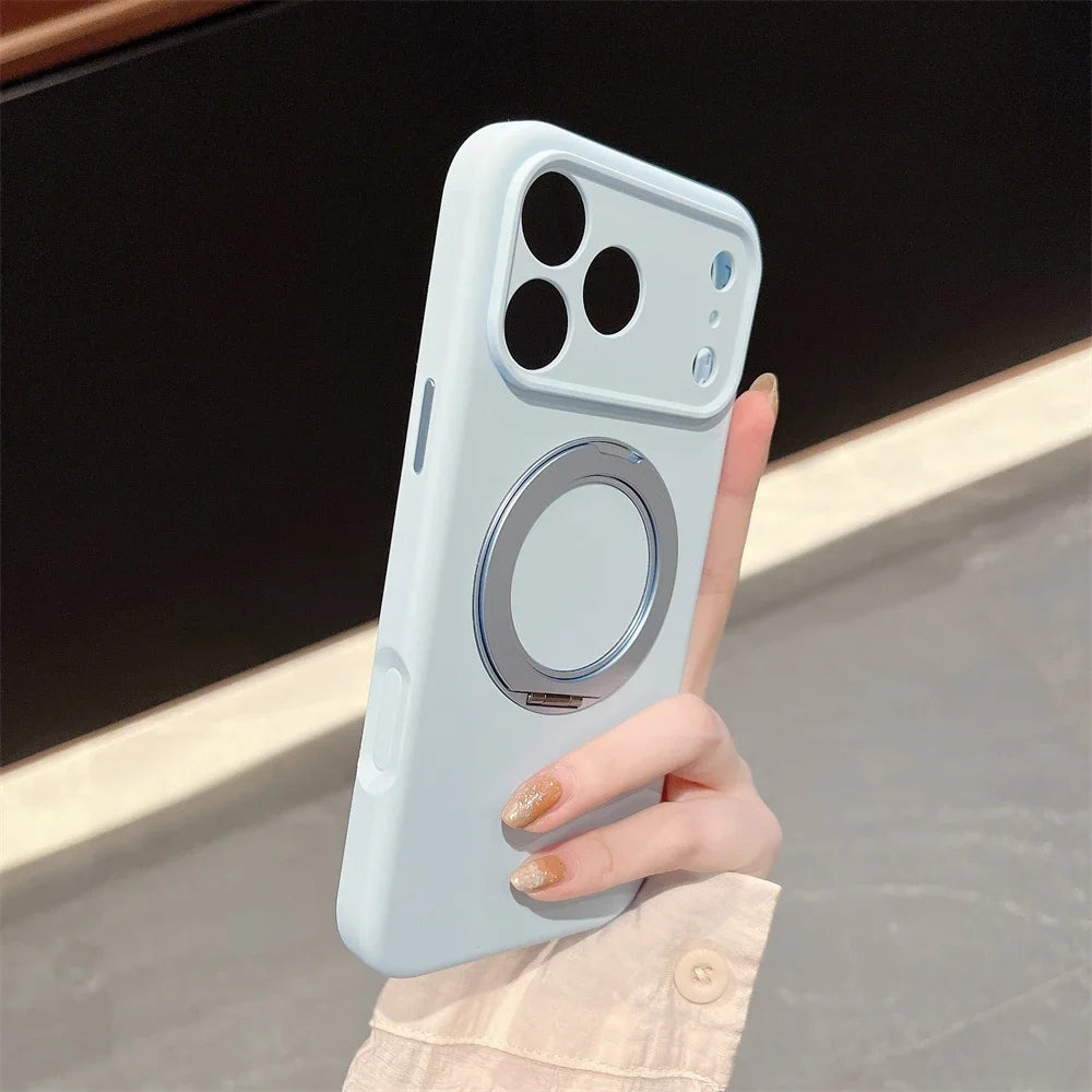 Simple INS Candy Color Liquid Silicone Case For IPhone 17Pro Max Air 16 15 14 Magnetic Rotable Bracket Lens Full-pack Back Cover