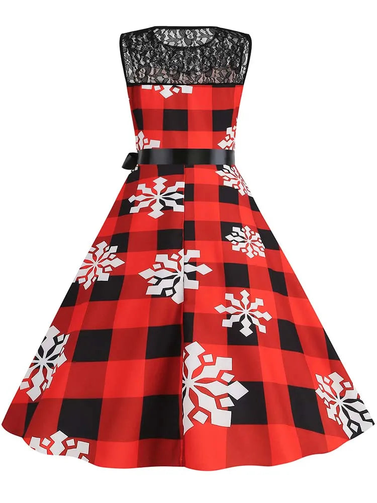 Christmas Dress Women Vintage 50s Lace Sleeveless Print Party A Line Santa Claus Sundress Runway Midi Pinup Flare Dresses