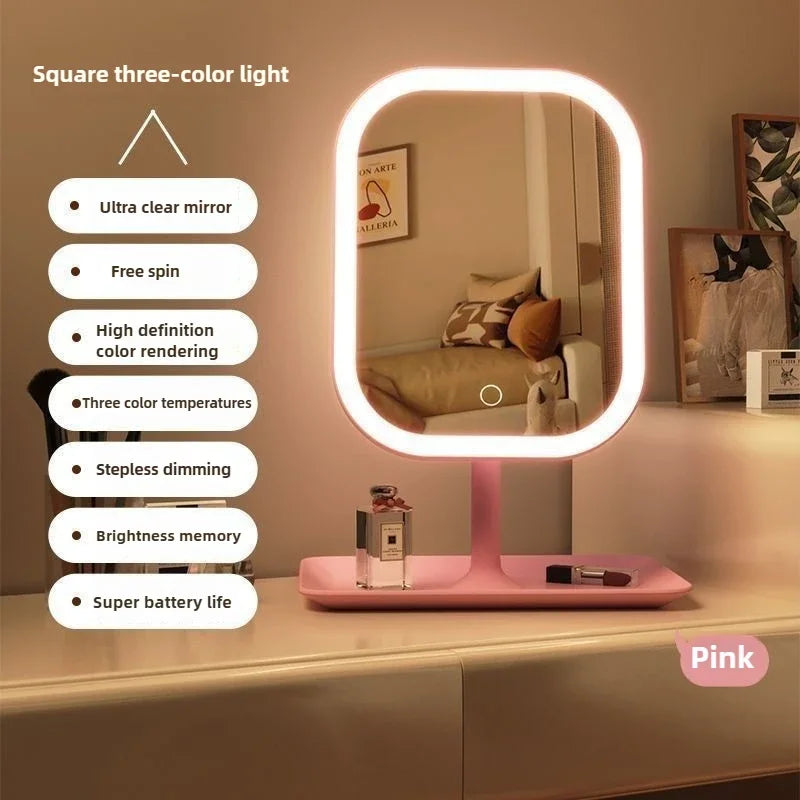 1~2PCS Large Square Rotating LED Makeup Mirror - Square Vanity Mirror with Adjustable Lighting for Girls Dormitory & Home Use