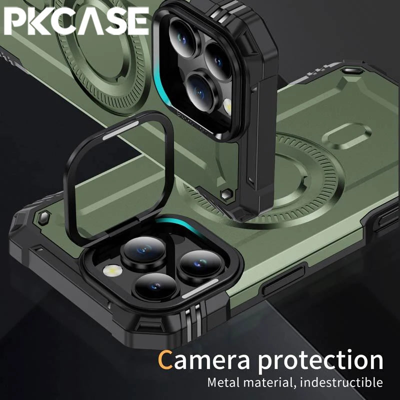 PKCASE Military Shockproof Bracket Case For iPhone 16 15 14 Plus Pro Max For Magsafe Magnetic Armor Cover