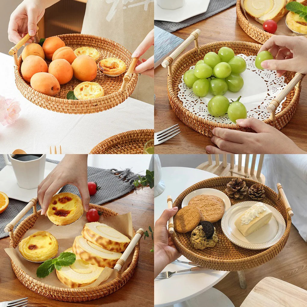1PC Woven Rattan Storage Basket with Strap Handle round Tray for Bread Snacks Fruits Picnic - Home Organization Basket