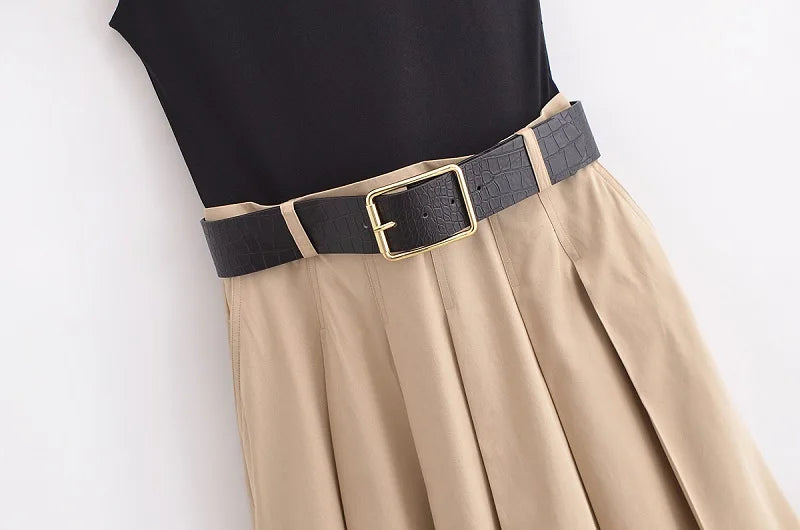 MUJER 2025 Woman Dresses Belt Pleated Midi Dress Women Sleeveless Summer Dress Woman Knitted Party Dresses for Women Sundress