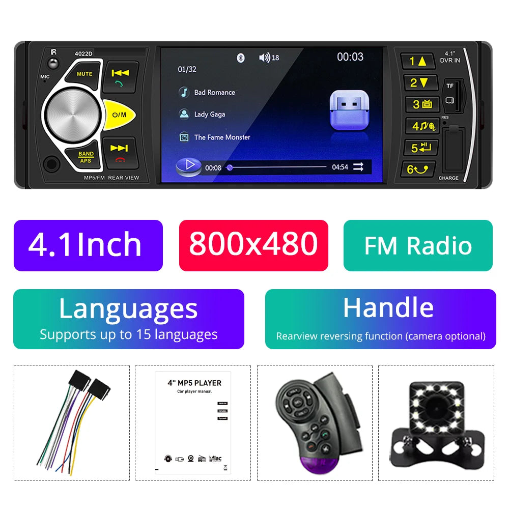 4.1" HD IPS screen car Radio MP5 player smart BT FM USB AUX car radio Hands-free colorful lights Video output Vehicle player 12V