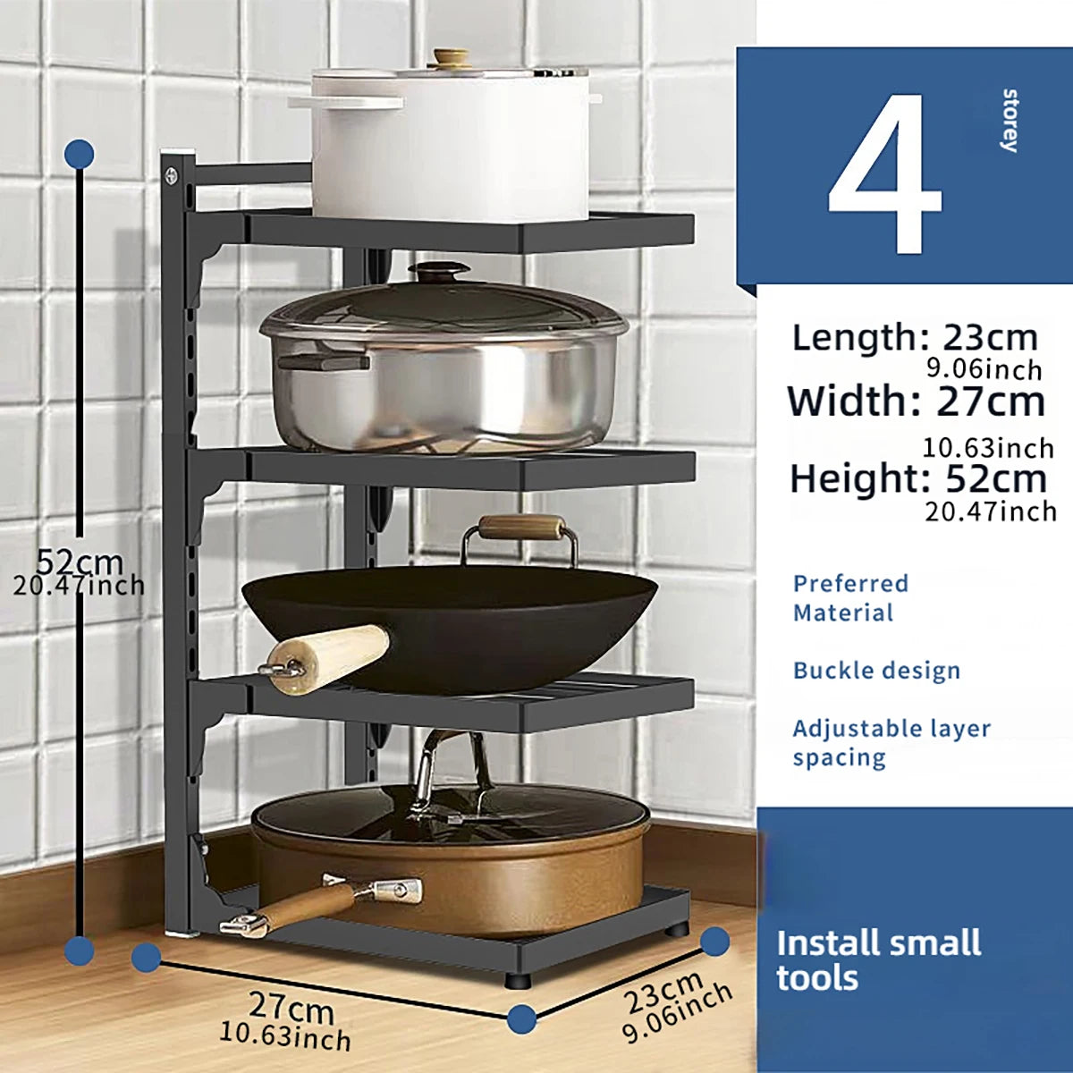 Kitchen Shelf Space-saving Kitchenware Storage Rack Adjustable Pot Rack 2-4 Tiers Under Sink/Corner Applicable