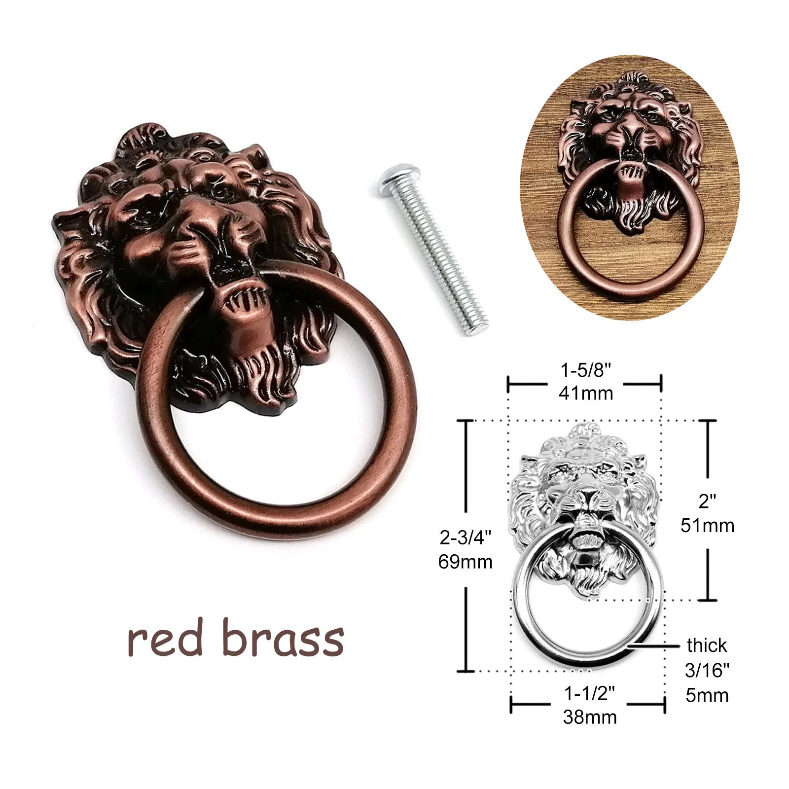 1/2/4/6X Vintage Retro Jewelry Chest Box Cabinet Cupboard Dresser Drawer Handle Pull Knob Ring Lion Head Shape 41x69mm 4 colors