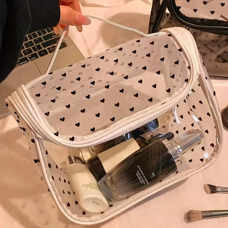 1pc Large Capacity Heart Mesh Makeup Bag Frosted Transparent Cosmetic Toiletry Organizer Travel Pouch for Office Home or Daily
