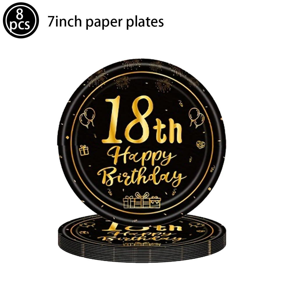 18th Birthday Decors for Boys Girls Black Gold Party Banner Balloon Tablecloth Plate Cup Napkin 18 Years Birthday Party Supplies