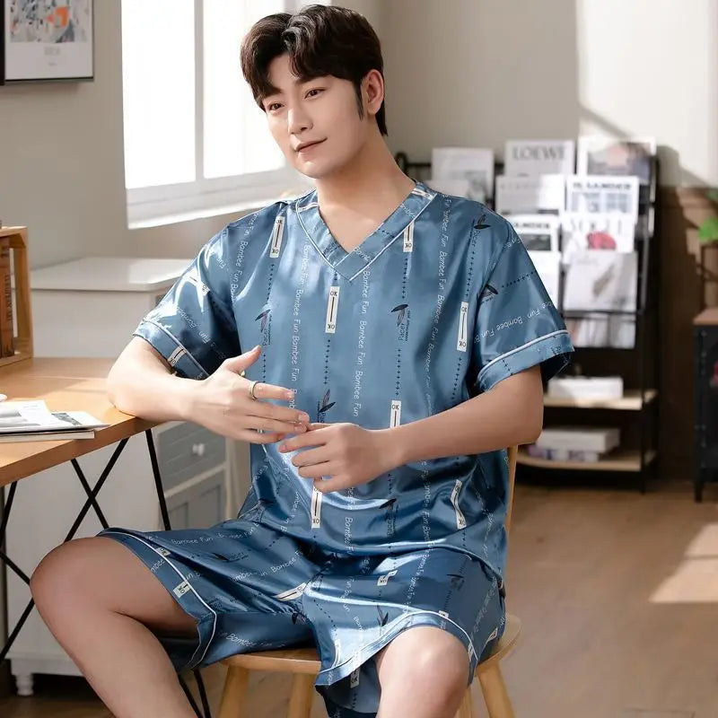 Pajamas Men Ice Silk Thin Short-Sleeved Two-Piece Suit Korean Version of the Loose Large Size Youth Plus Size Sleepwear Homewear