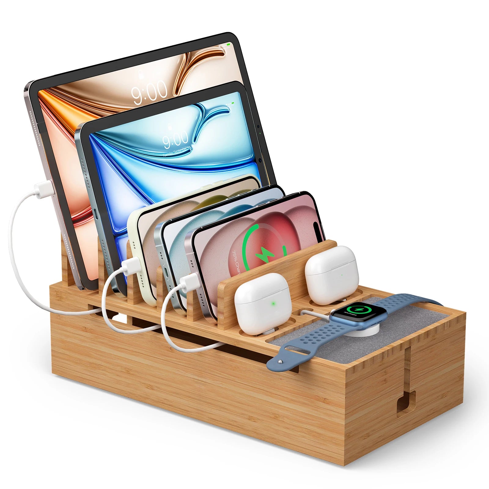 Bamboo Charging Station for Multiple Devices Charger Dock Holder Stand for Cell Phone and Tablet Electronic Devices Organizer