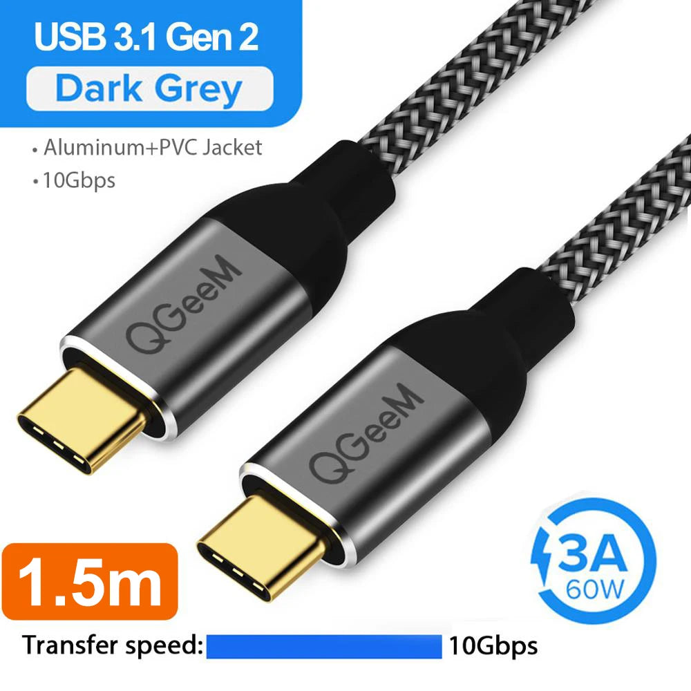 QGeeM USB 3.1 Type C to USB C Cable Gen2 PD 60W USB-C to USB C Charging Wire Cord Nylon Cord for Samsung Macbook Pro E-Mark Chip