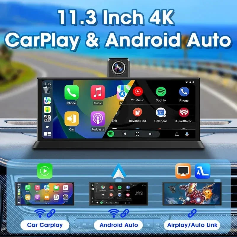 11.3 inch Dashcam 4K 360° Rotating Camera Wireless Carplay Android Auto Dash Cam Video Recorder Dashboard Car DVR FM AUX