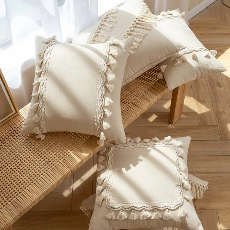 30x50cm 45x45cm Tassel White Throw Pillow Cover Cotton Linen Farmhouse Lumbar Pillowcase Indoor Outdoor Decorative Cushion Cover