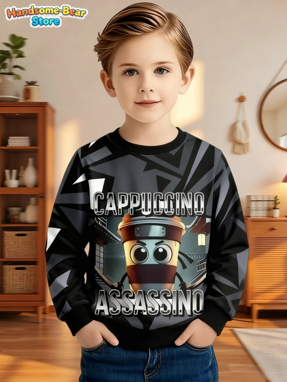 Italian Brainrot Boys Sweatshirt Autumn Long Sleeve Round Neck Hoodie Tungtung Sahur Brainrot Cartoon Children Tops Boys Clothes