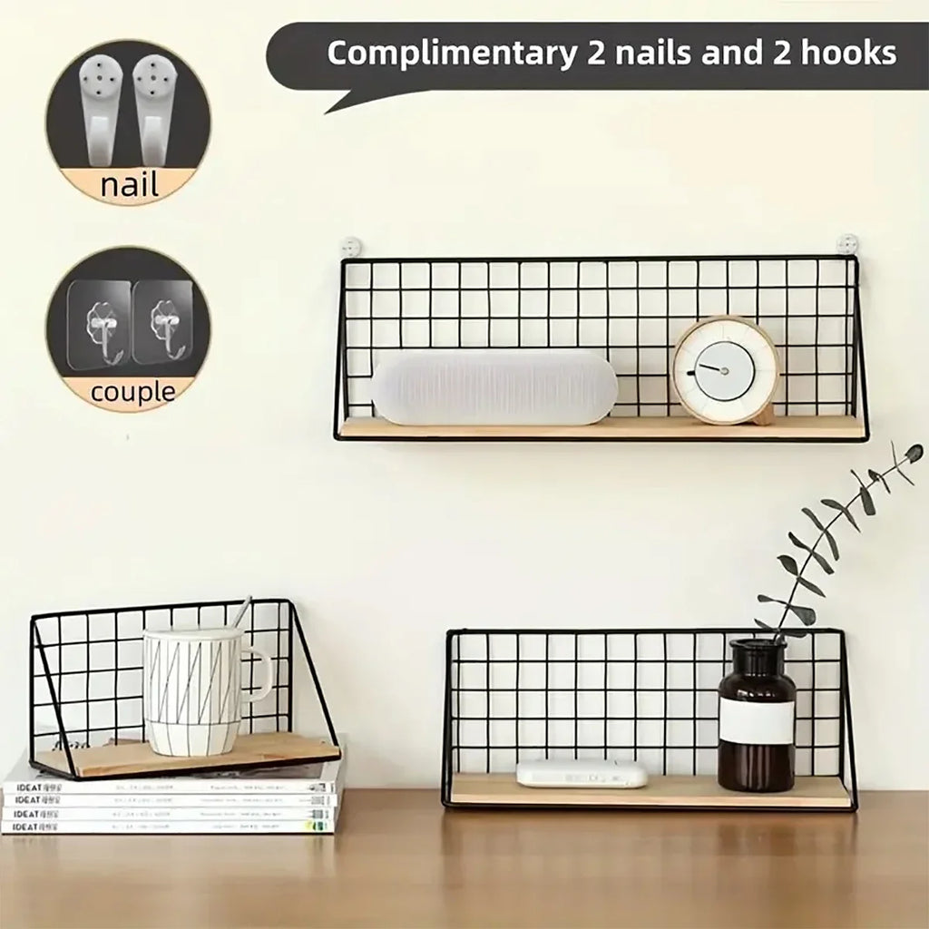 1Pcs Floating Shelves Wall Mounted Wood Storage Display Shelf with Metal Wire Basket Hanging Rack for Dorm Bedroom Bathroom