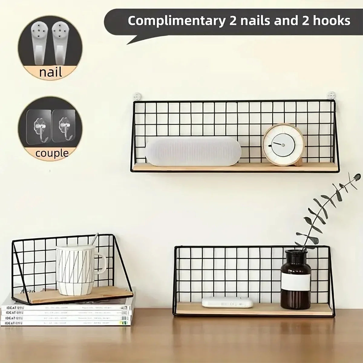 1Pcs Floating Shelves Wall Mounted Wood Storage Display Shelf with Metal Wire Basket Hanging Rack for Dorm Bedroom Bathroom