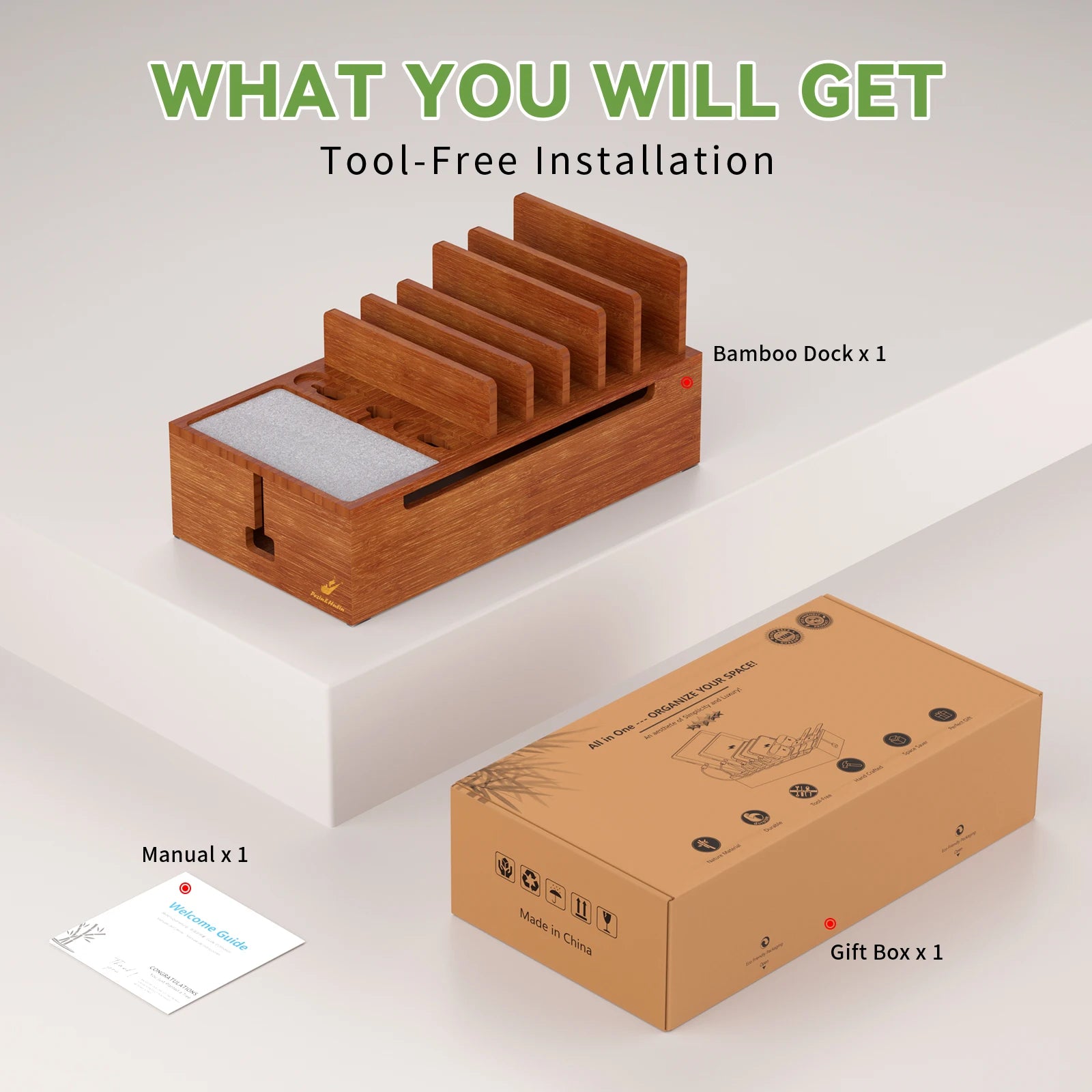 Bamboo Charging Station for Multiple Devices Charger Dock Holder Stand for Cell Phone and Tablet Electronic Devices Organizer