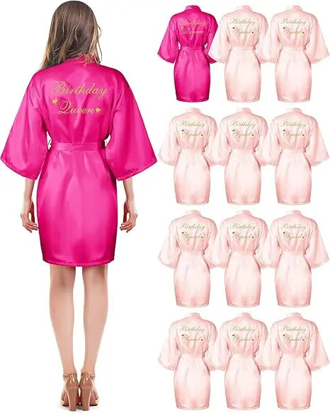 12 Pcs Women's Birthday Party Robes Gold Glitter Queen Squad Kimono Silky Nightgown Satin Bathrobes Dressing Gown