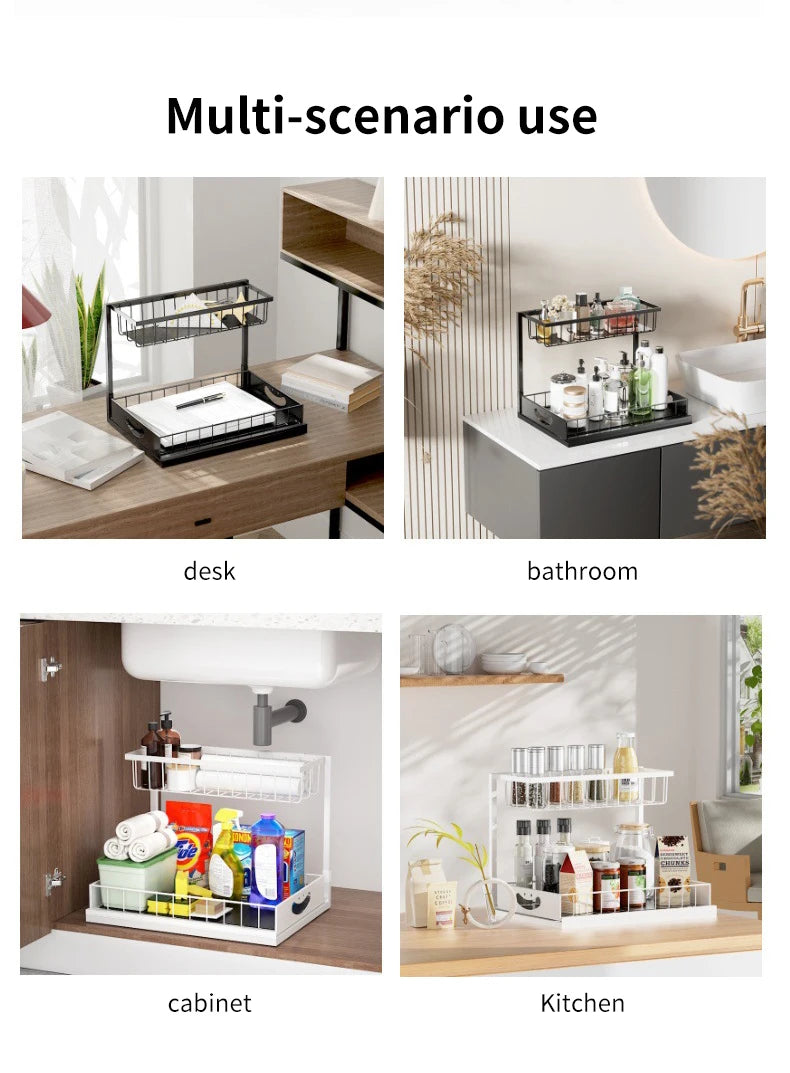 Under Sink 2 Tier Sliding Cabinet Basket Organizer Drawer Pull-Out Cabinet Organizer For Bathroom and Kitchen