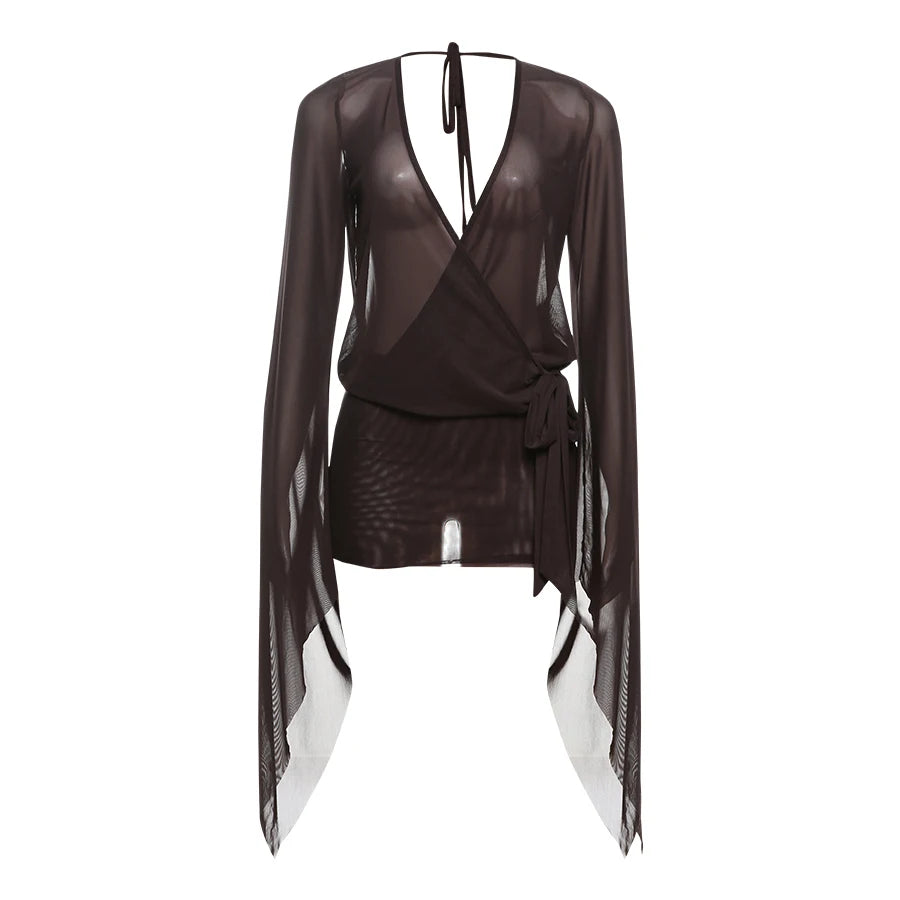 Weird Puss Mesh Sexy Summer Dress Women Cross Bandage Low-Neck Backless Flare Sleeve Midnight Coquette Midnight Party Bodycon