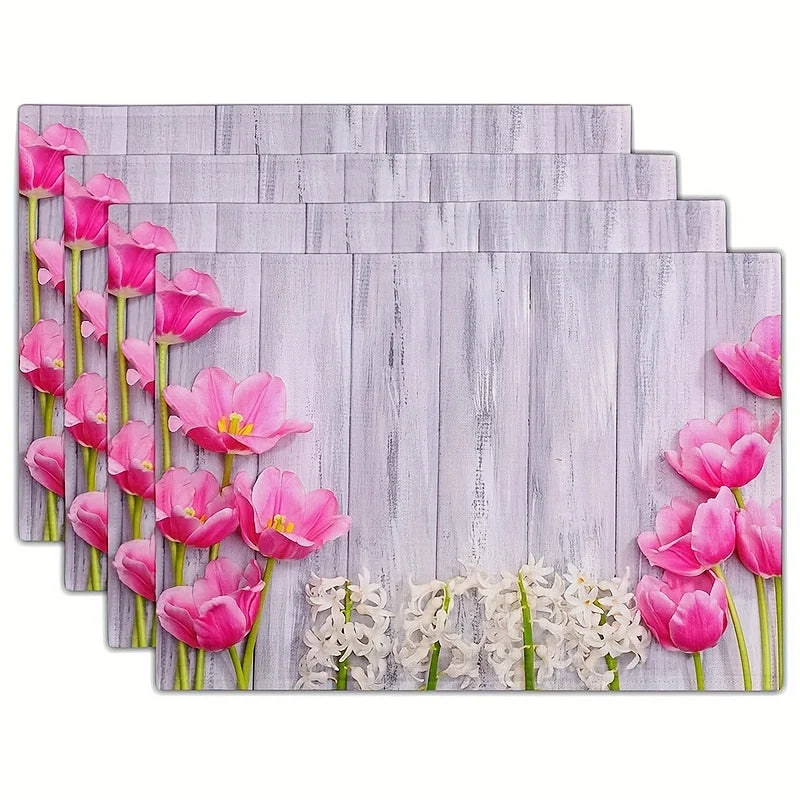 4pcs Placemats Summer Theme Floral Pattern Table Pad Set Colorful Printed Wooden Planks Table Mat For Indoor Dining Table Decor