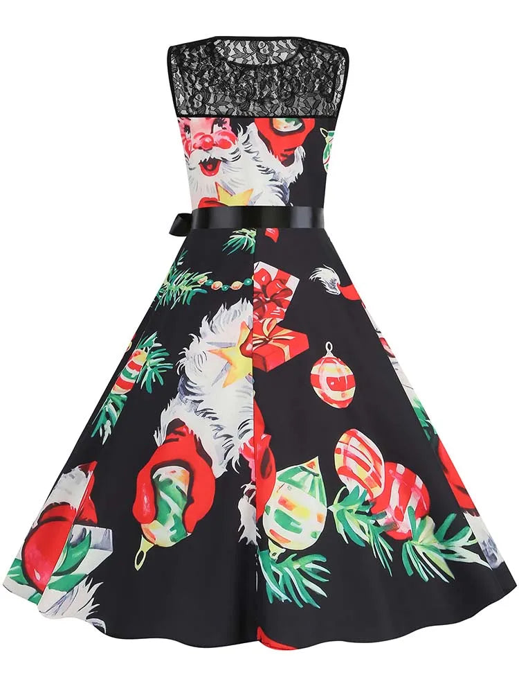 Christmas Dress Women Vintage 50s Lace Sleeveless Print Party A Line Santa Claus Sundress Runway Midi Pinup Flare Dresses