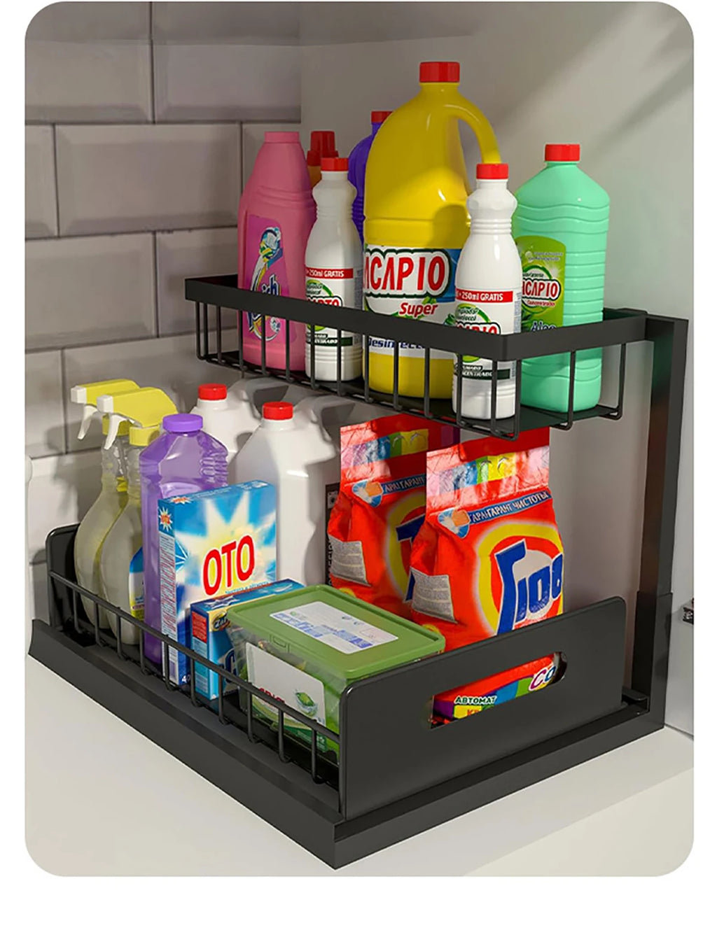 Carbon Steel Kitchen Shelf Double Space Saving Shelves Pull-out Design Countertop/Under Cabinet Dual Use