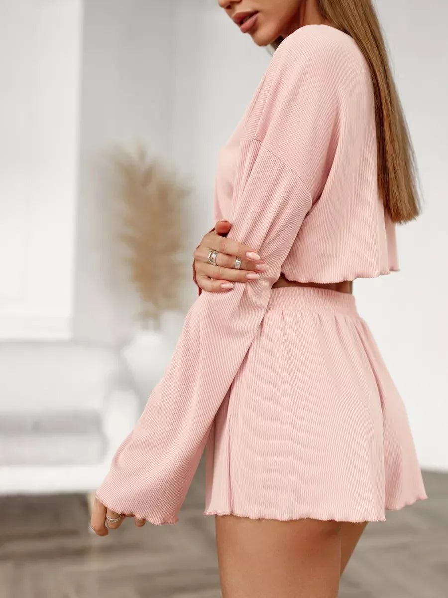 Women's Pajamas Long-sleeved Navel Leakage Top Shorts Set Knitted Fabric Comfortable Soft Breathable Fashion Simple Homewear