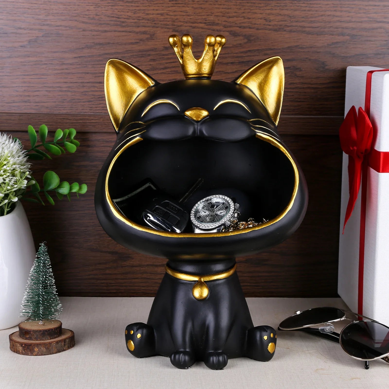 2024 NEW Fortune Crown Big Mouth Cat Entrance Key Storage Tray Decorative Ornament, Light Luxury Housewarming Gift Sculpture