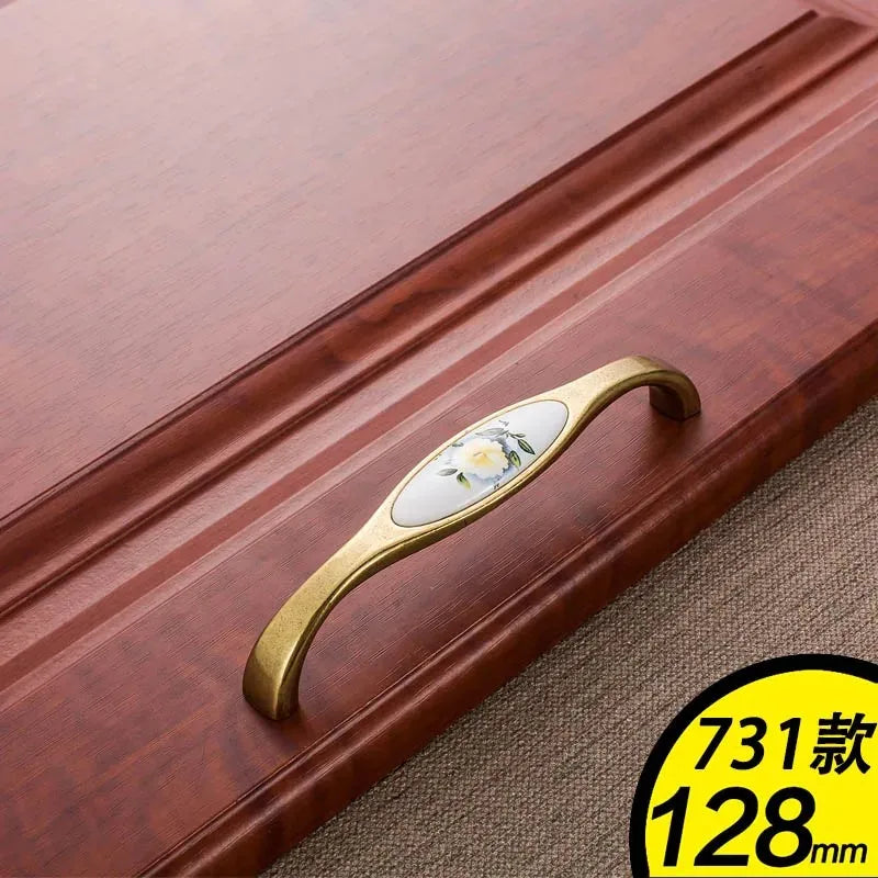 European Green Flower Ceramic Handles Kitchen Cabinet Storage Dressers Classic Wardrobe Cabinet Single Hole Closet Door Pulls