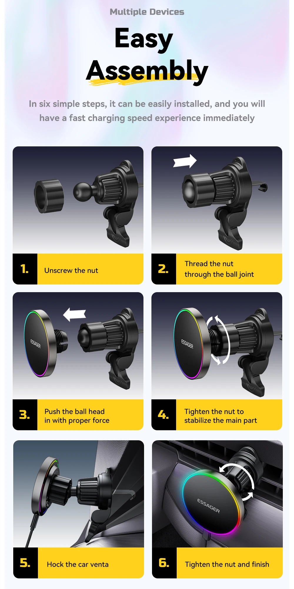 Essager RGB Magnetic Car Phone Holder Qi 15W Wireless Charger For iPhone16 15 14 13 Pro for Magsafe Universal Phone Holder Stand